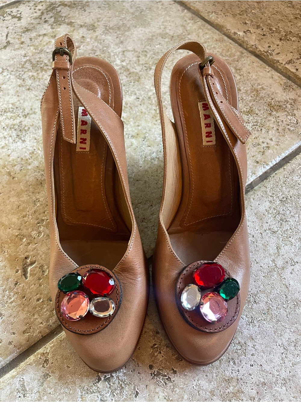 Marni Tan Leather Slingback Mules with Multicolor Gem Clusters